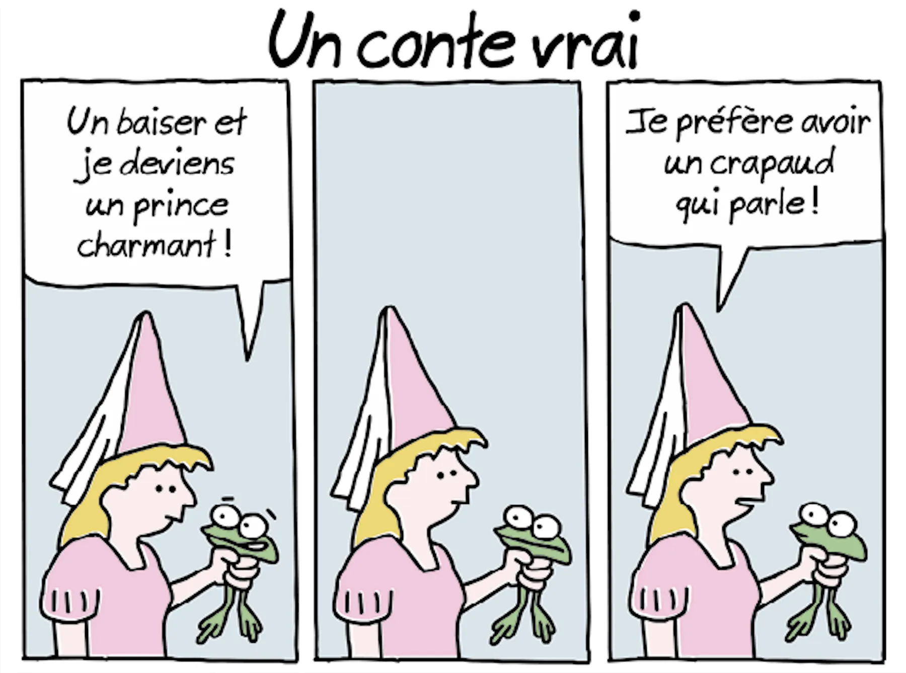 Un conte vrai - Comic strip showing three panels with a character in pink hat holding flowers, with speech bubbles in French
