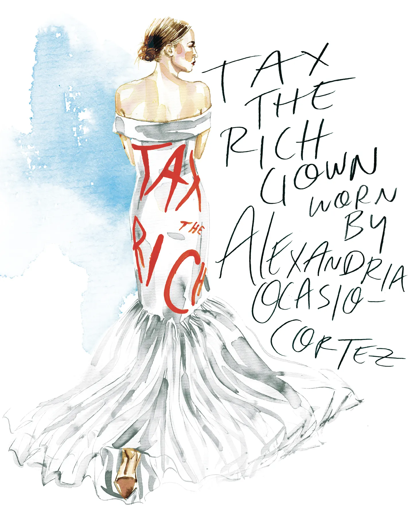 Samantha Hahn, an illustration of the gown worn
by Alexandria Ocasio-Cortez at the 2021 Met Gala.