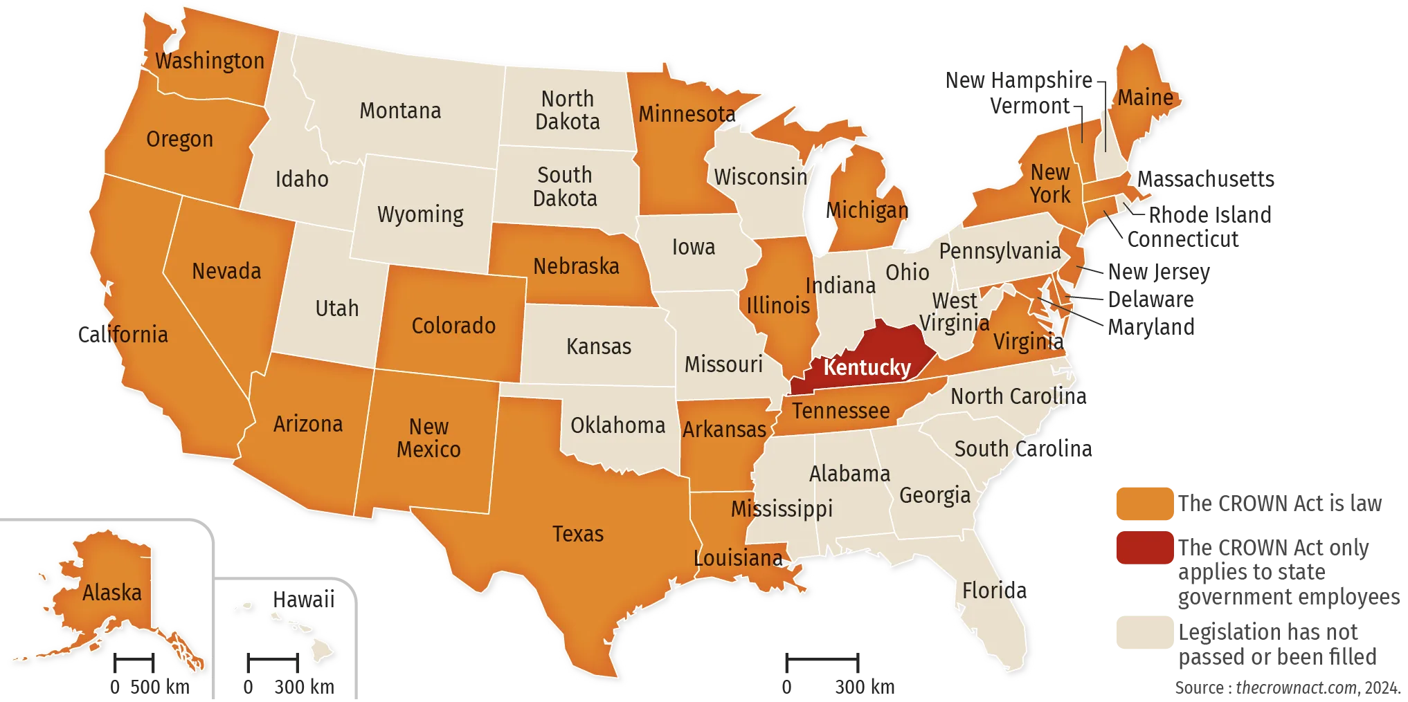 Map of US states and their CROWN Act status