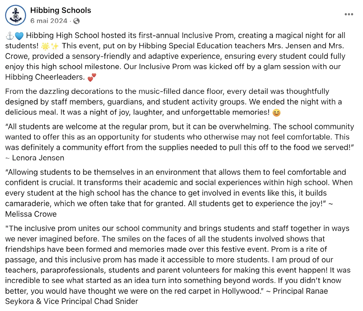 Hibbing High School (Minnesota), post on Facebook, 2024.