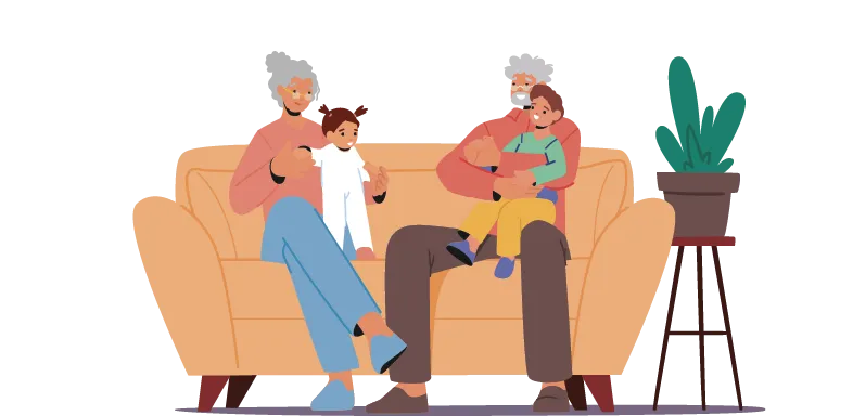 A family sitting on the couch