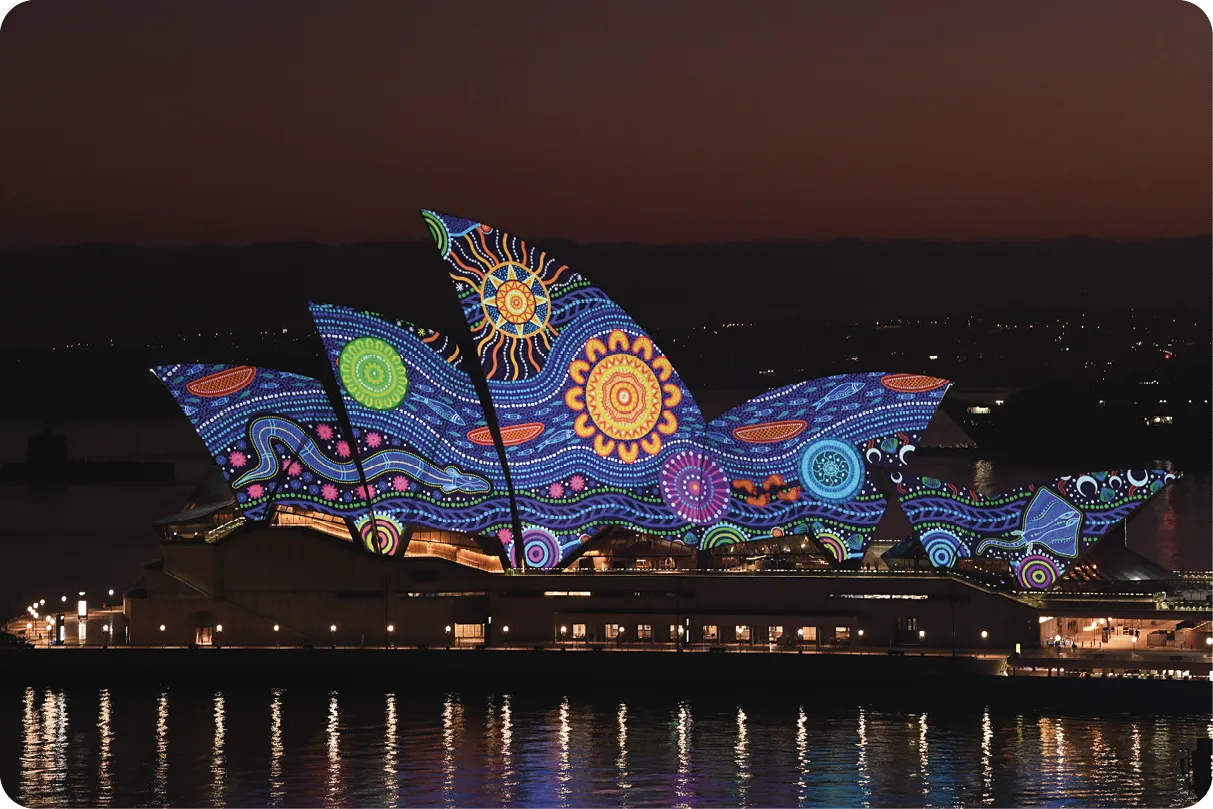 Sydney Opera House lights up in honor of Aboriginal art, 2023.