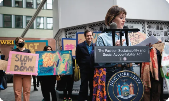 Advocates rally for the Fashion Act in New York City, 2022.