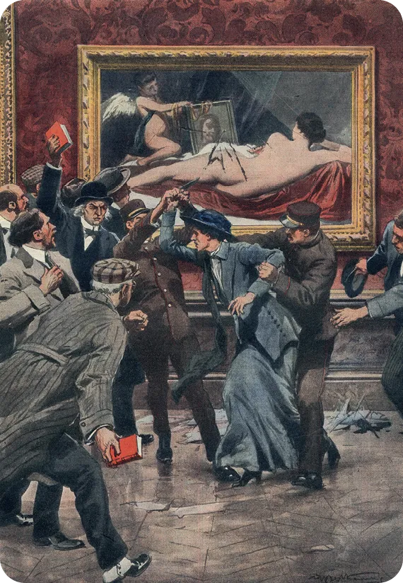 Illustration of Mary Richardson at the National Gallery in London.