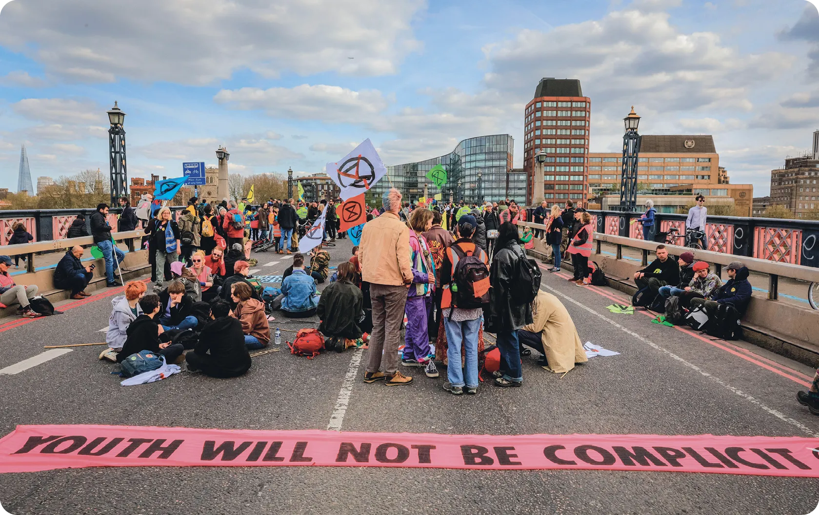 Extinction Rebellion closed down Lambeth Bridge in London with a sit-in protest, 2022.
