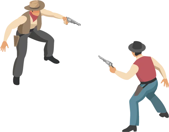 Deux cowboys se font face en plein duel de pistolets.