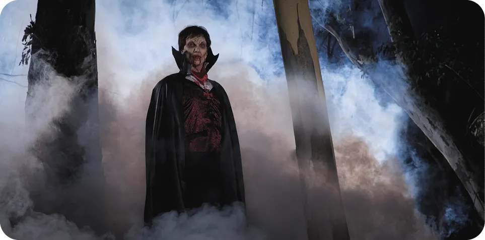 Dracula in the forest surrounded by mist