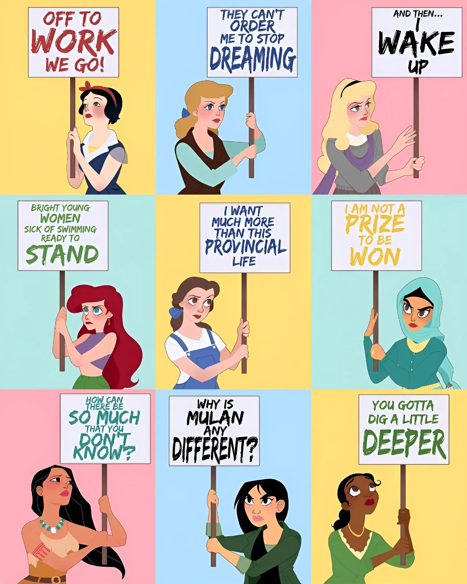 Disney Princesses reimagined as women's rights activists, by Amanda Allen Niday, 2017.
