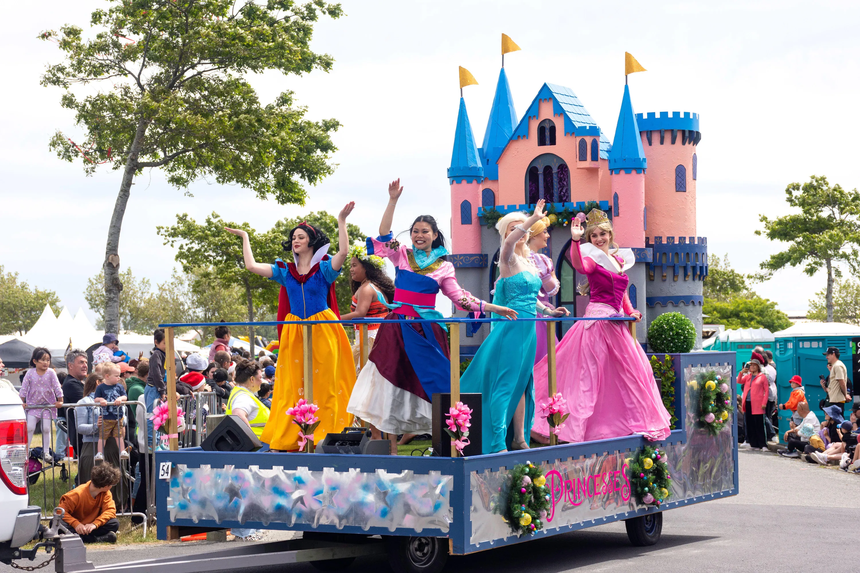 Disney Princesses at a Christmas show parade, Canterbury, New Zealand, 2024.