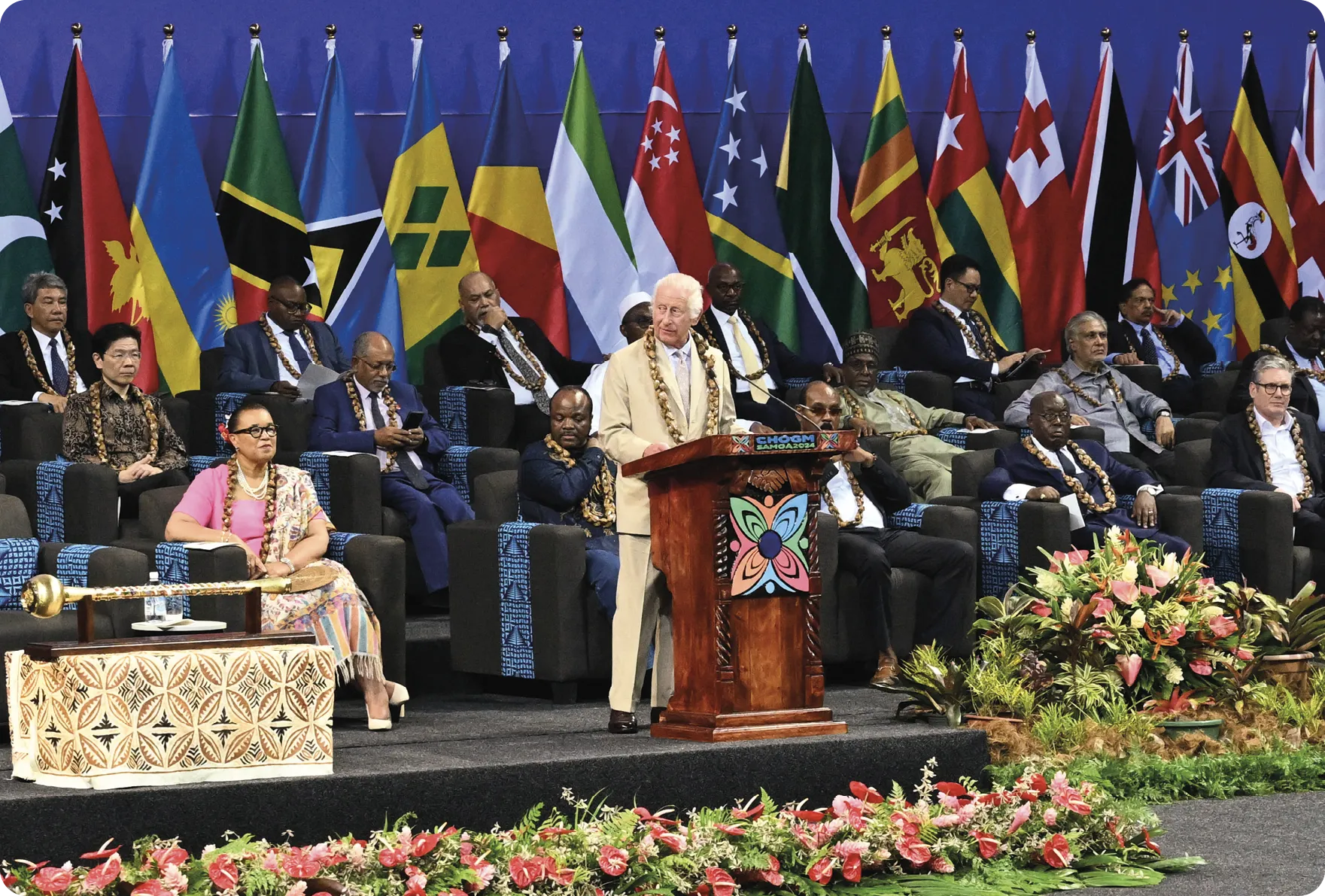 King Charles III delivers a speech during the opening ceremony for the Commonwealth Heads of Government Meeting (CHOGM) in Samoa, 2024.