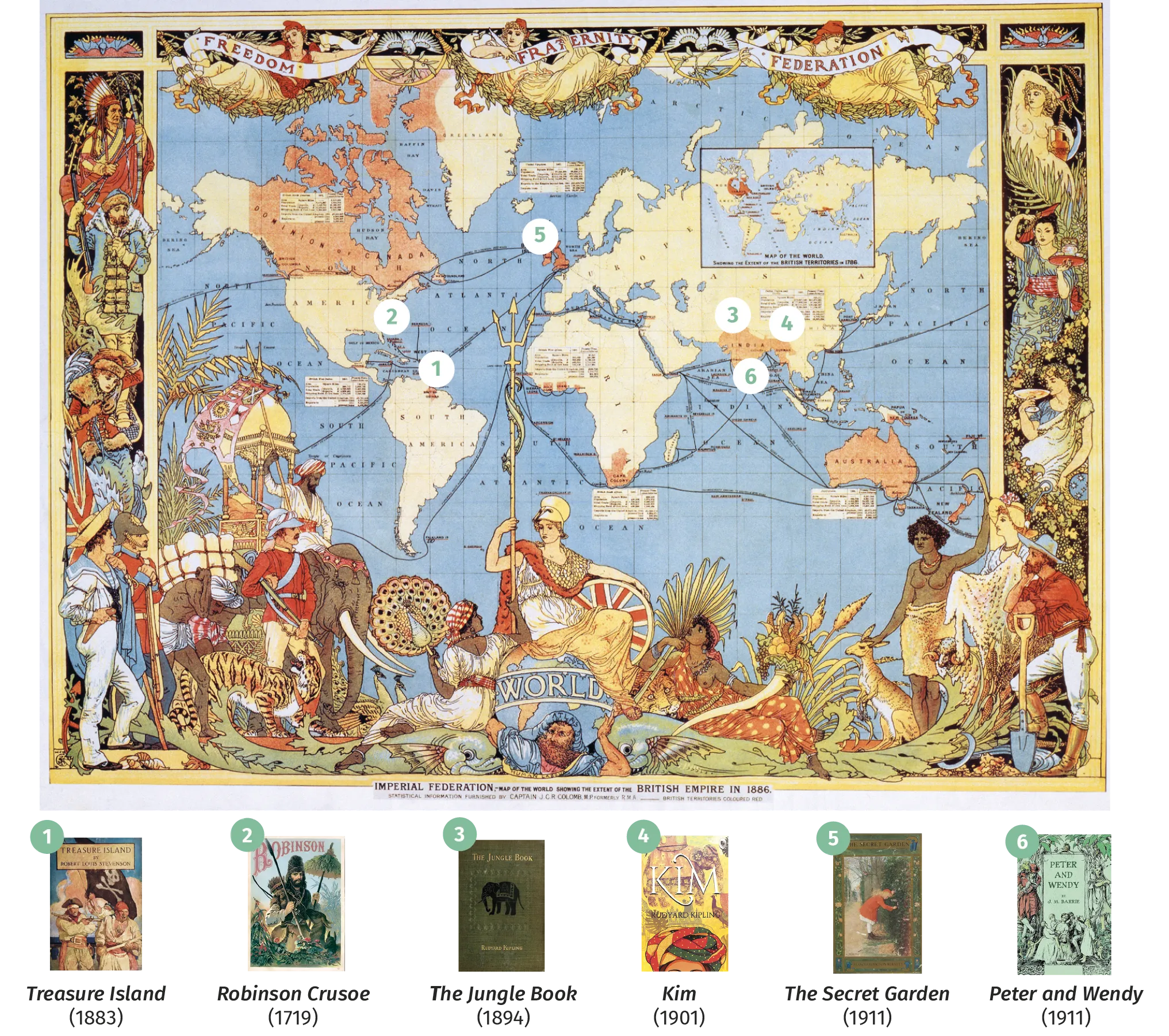 Map of the world showing locations of classic children's books