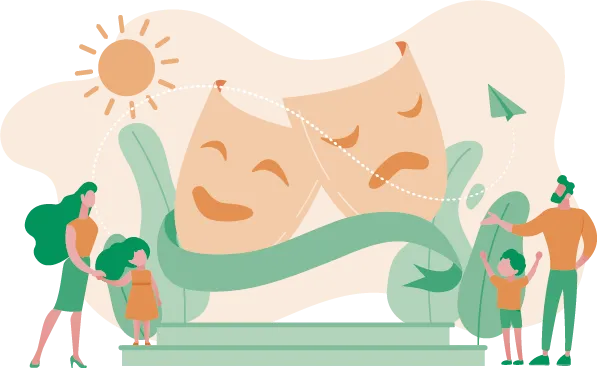 Infographie représentant les masques heureux et triste de la commedia dell'arte.