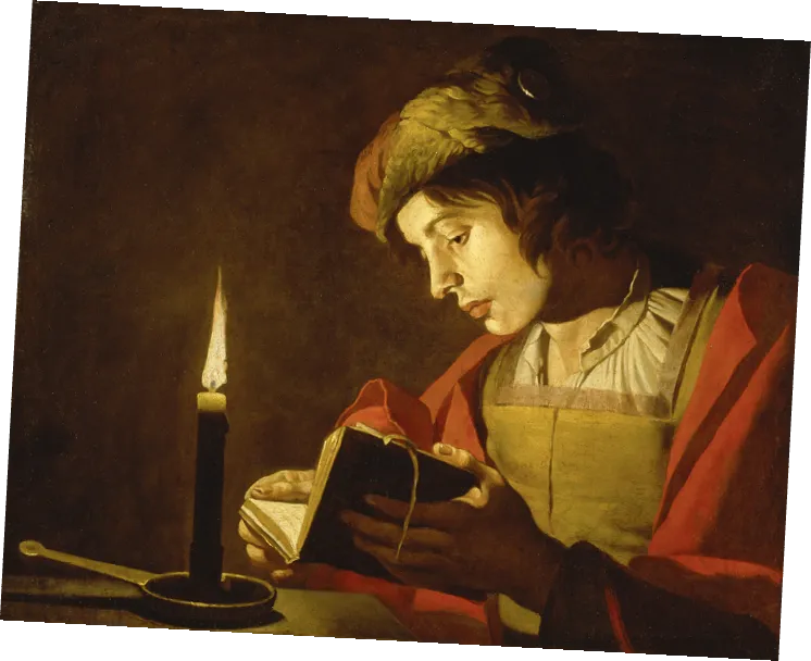 Matthias Stom, Jeune homme lisant à la chandelle, vers 1630, huile sur toile, Nationalmuseum, Stockholm, Suède.