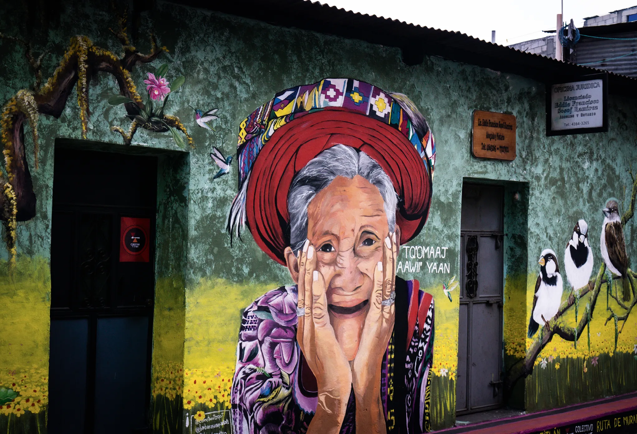 Mural de mujer mayor con ropa tradicional, San Pedro de la Laguna, Guatemala.
