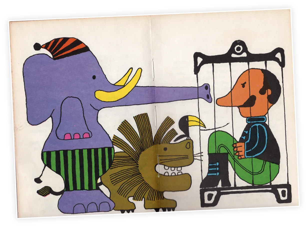 Image d'un éléphant, un lion et un homme en cage