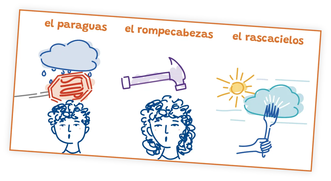 Dessins humoristiques illustrant des mots espagnols