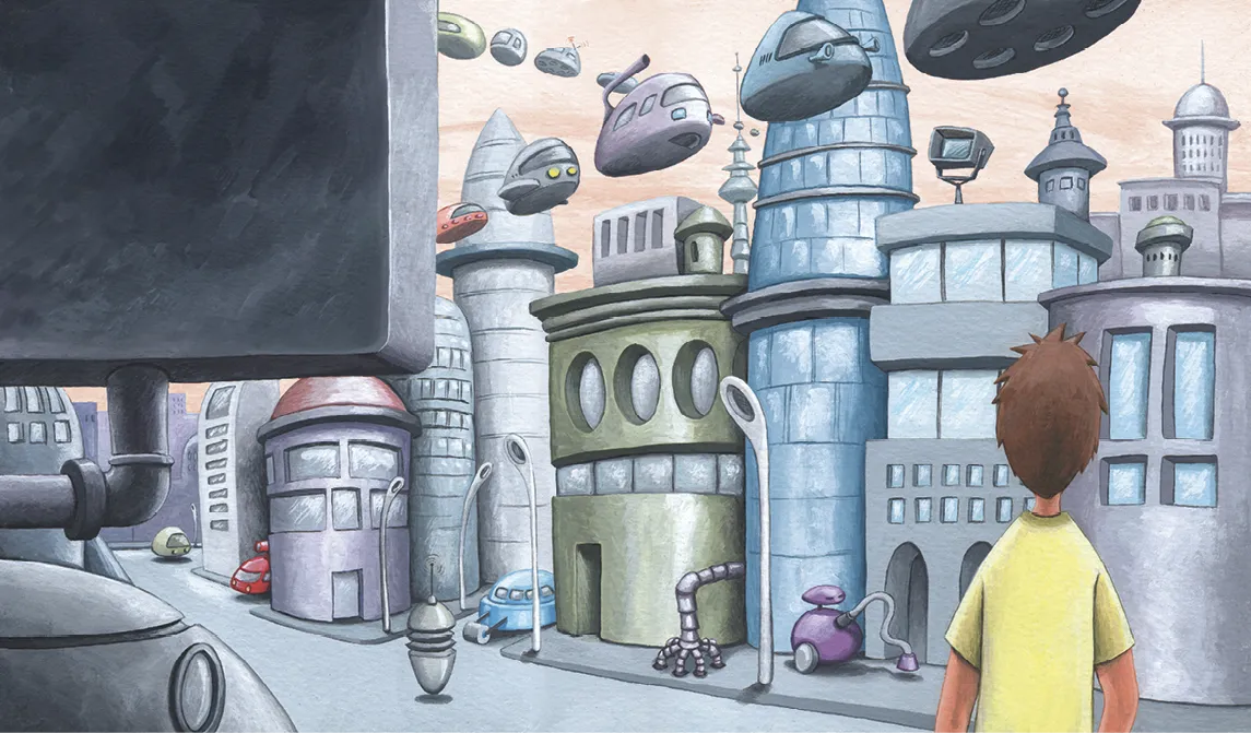 Ilustración de Ana Burgos Baena,
en Mecanópolis, de Miguel de Unamuno, 2019.