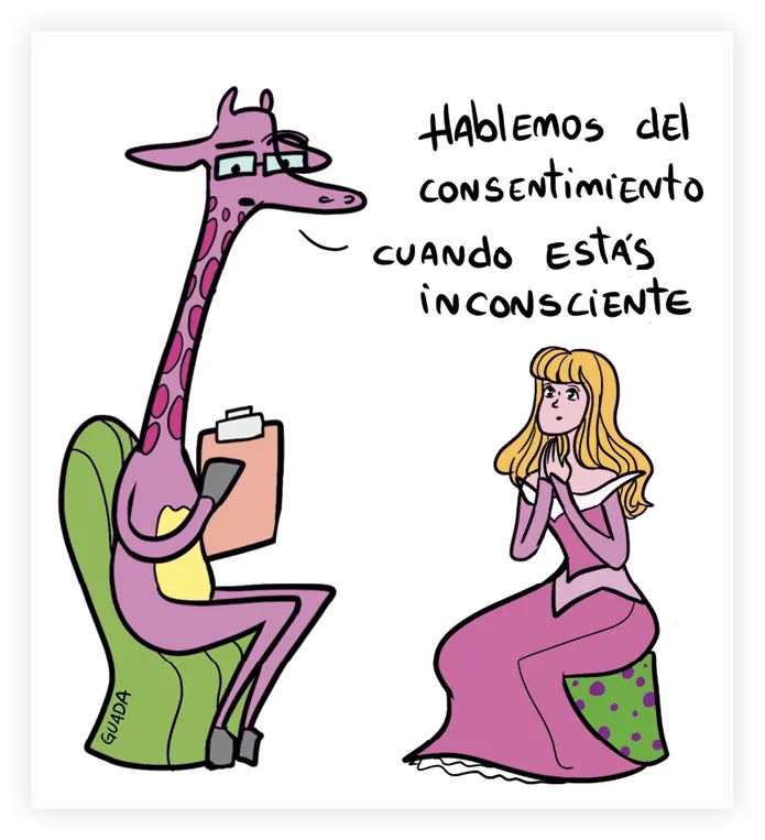 Un personnage de dessin animé ressemblant à une girafe dans un fauteuil parle à des princesses Disney dans une série d'images