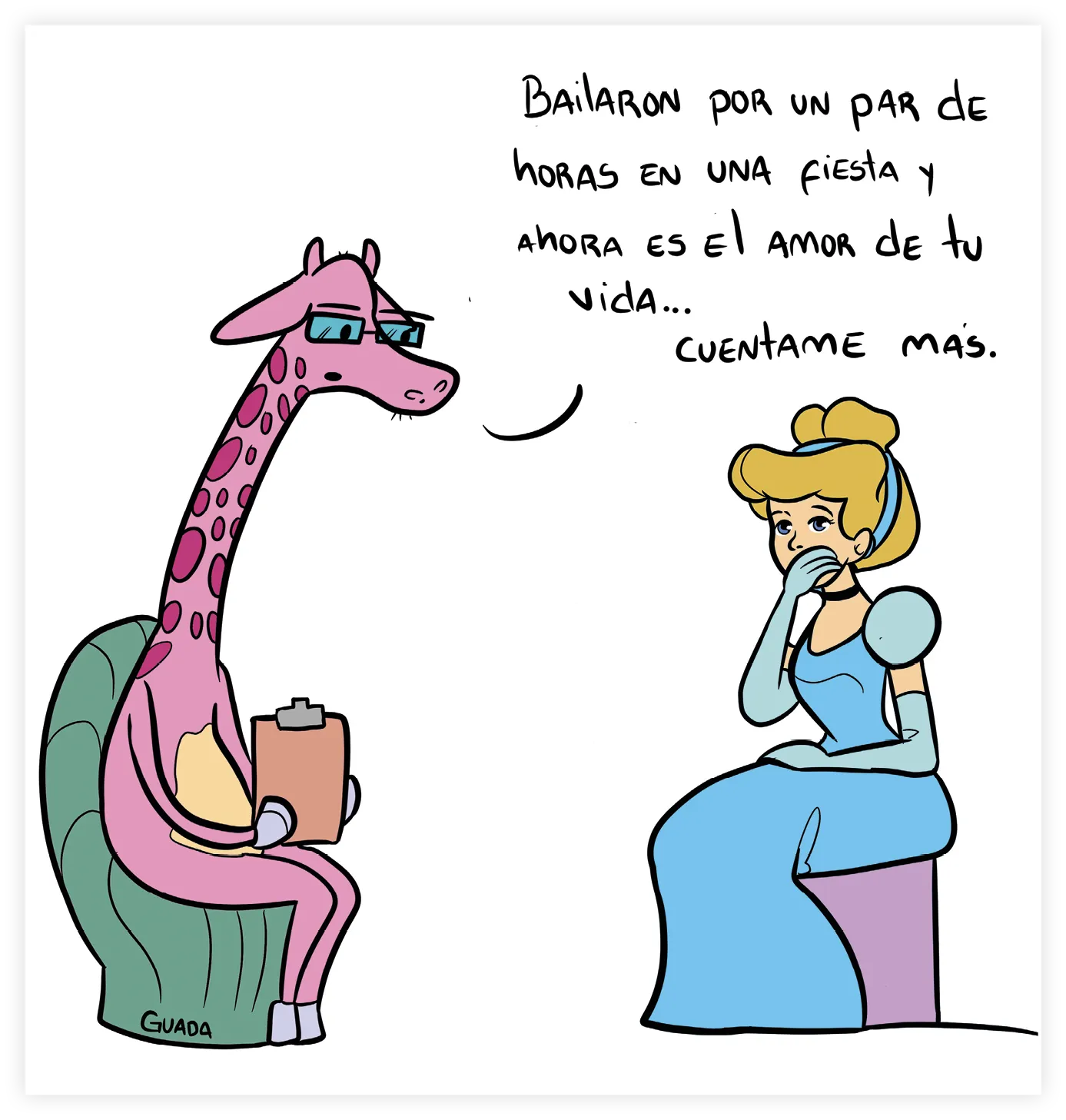 Un personnage de dessin animé ressemblant à une girafe dans un fauteuil parle à des princesses Disney dans une série d'images
