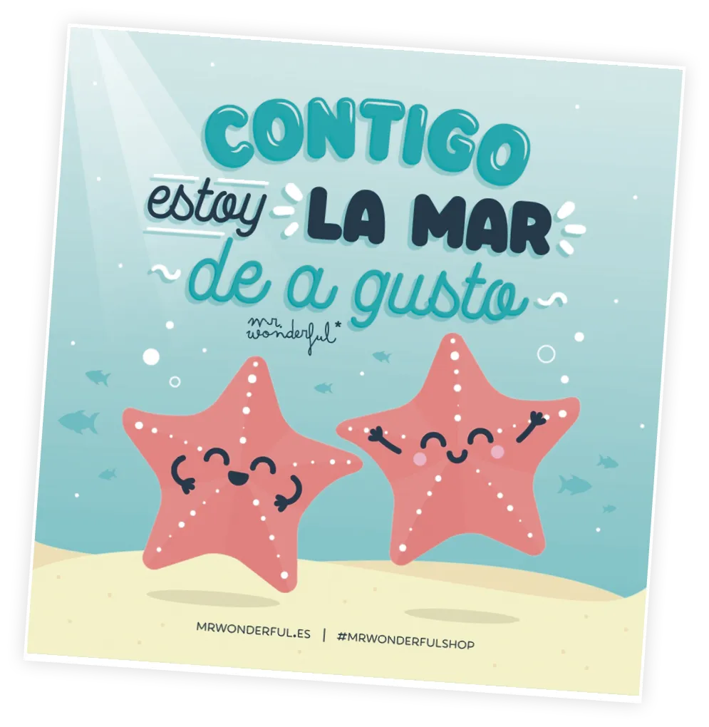 Contigo estoy la mar de a gusto - ilustración con estrellas de mar sonrientes