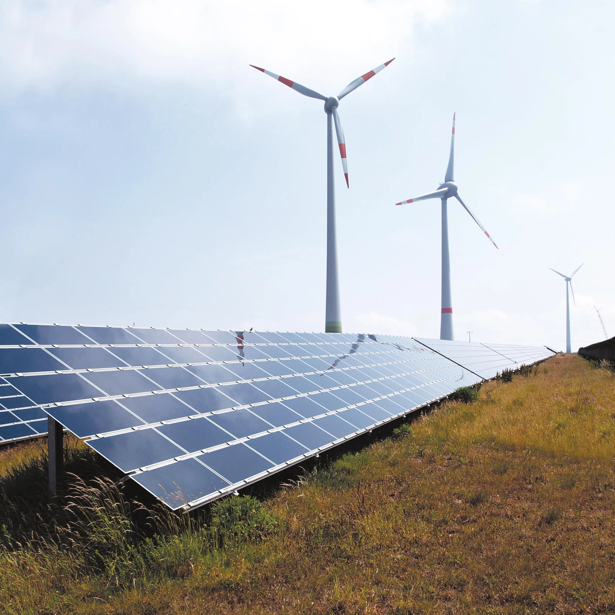 Photographie de panneaux solaires et d'éoliennes dans un champ herbeux. Énergie renouvelable.