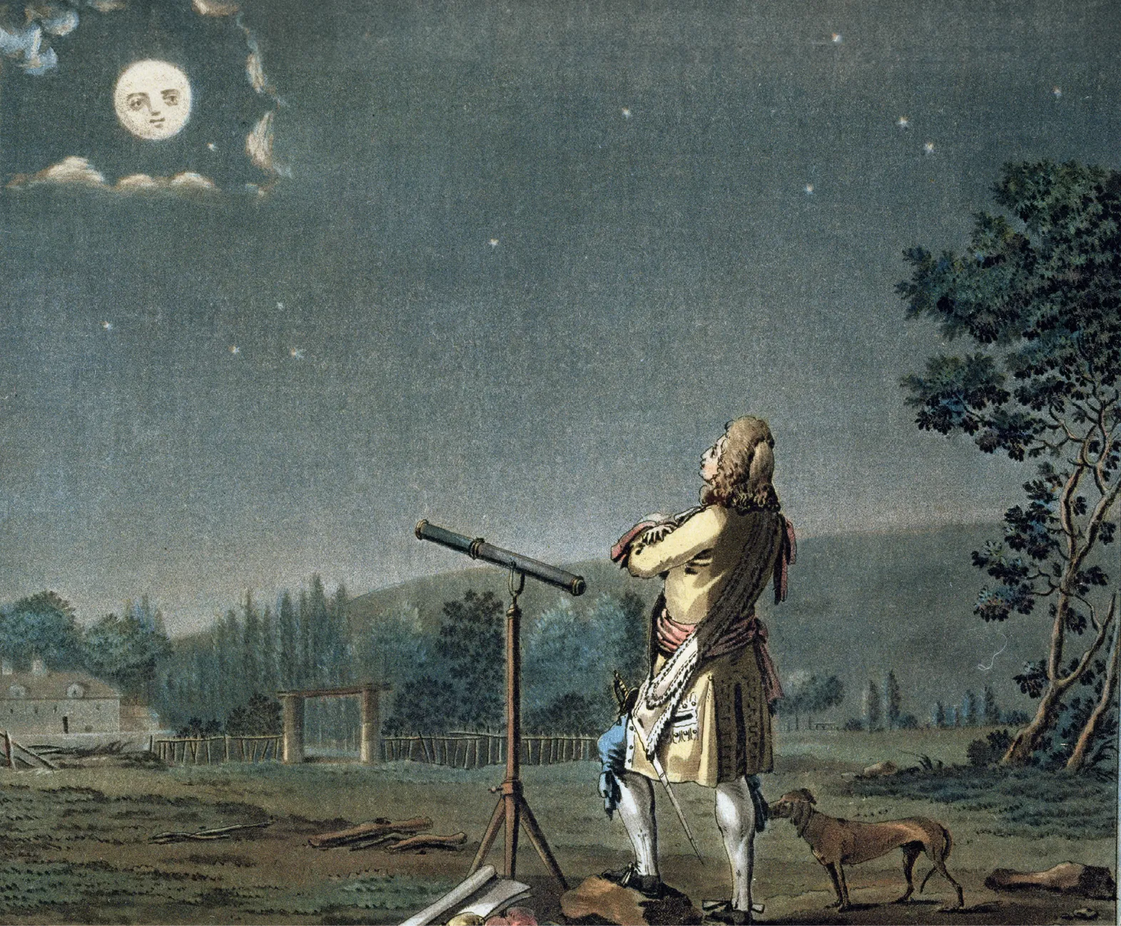 Jean-Baptiste Morret, Fontenelle méditant sur la pluralité des mondes, 1791, gravure colorée, musée Carnavalet, Paris.