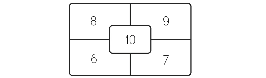 Marelle de jeu avec cases numérotées : 8, 9 en haut, 10 au centre, 6, 7 en bas