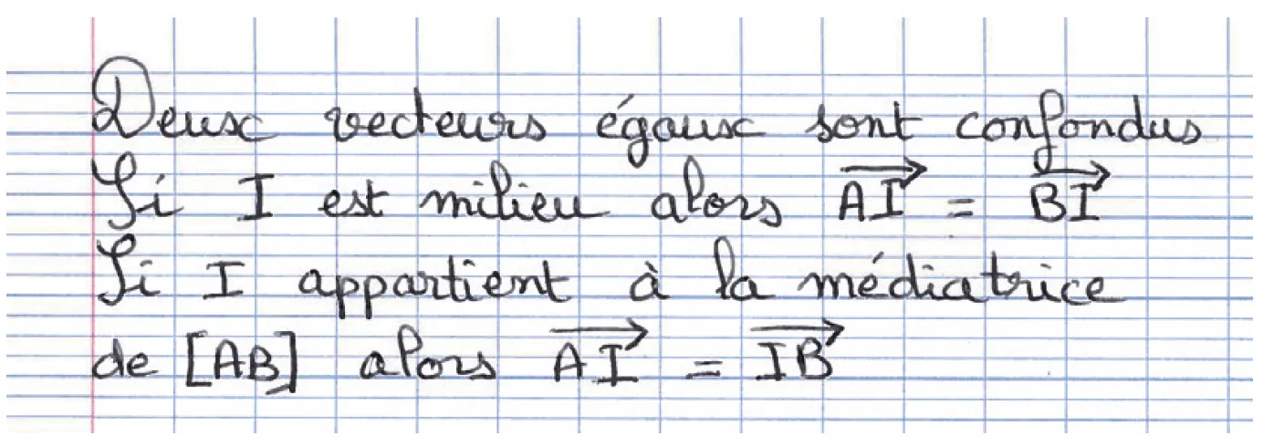 Photographie de notes manuscrites définissant les vecteurs égaux et la médiatrice.