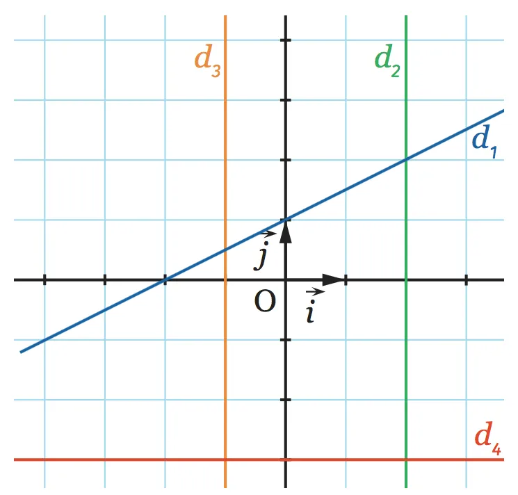 Graphique : droite (d1) et quatre autres (d2, d3, d4) sur plan cartésien.