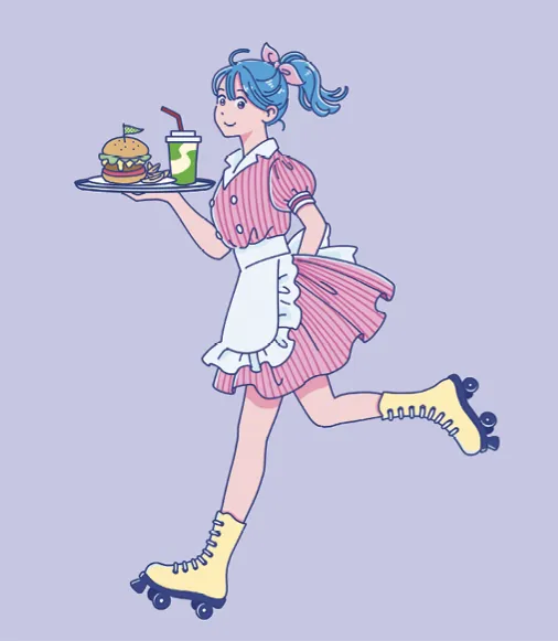 Une serveuse en patins à roulettes portant un plateau avec un hamburger et une boisson.