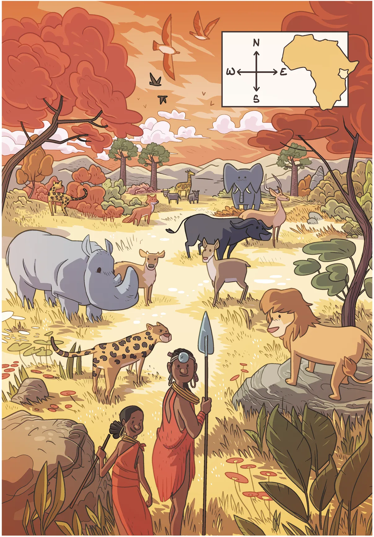 Une image de la savane avec différents endroits numérotés.