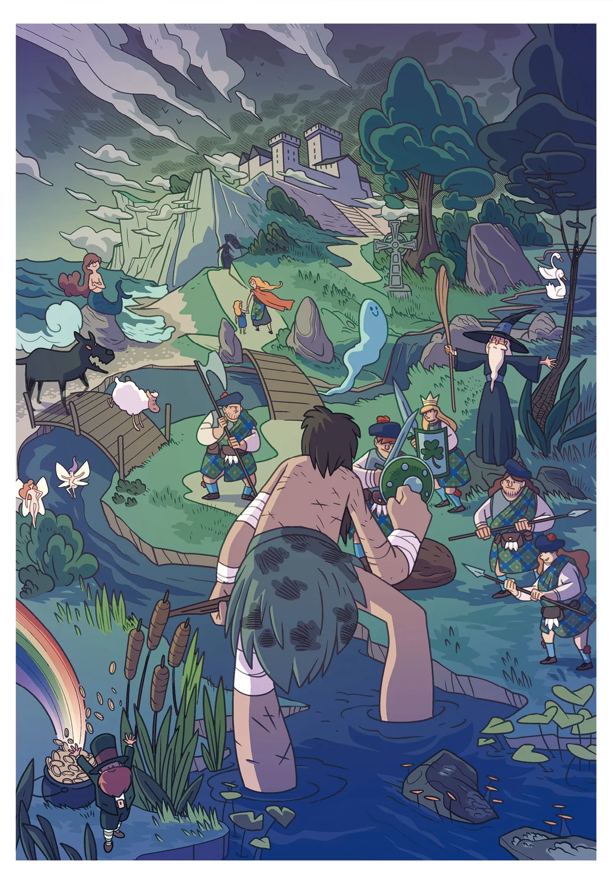 Image montrant un paysage fantastique avec des éléments de folklore irlandais.