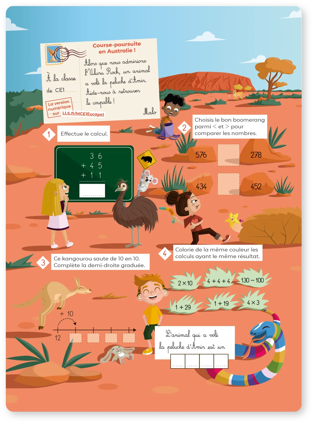 Illustration d'un paysage australien avec Uluru en arrière-plan, où des enfants participent à différents exercices mathématiques. On voit un tableau noir avec l'addition 36+45+11, des boomerangs avec des nombres (576, 278, 434, 452), un kangourou qui saute de 10 en 10 sur une droite graduée, et des calculs dans des herbes (2×10, 4+4+4, 130-100, 1+29, 1+19, 4×3). Un serpent coloré porte la mention 'L'animal qui a volé la peluche d'Amir est un' avec des cases vides à compléter.