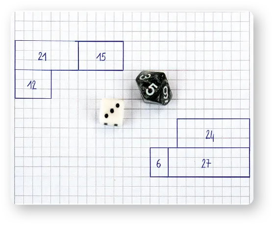 Grille de jeu montrant plusieurs rectangles dessinés avec les calculs : 24, 45, 42, 4, 6, 24