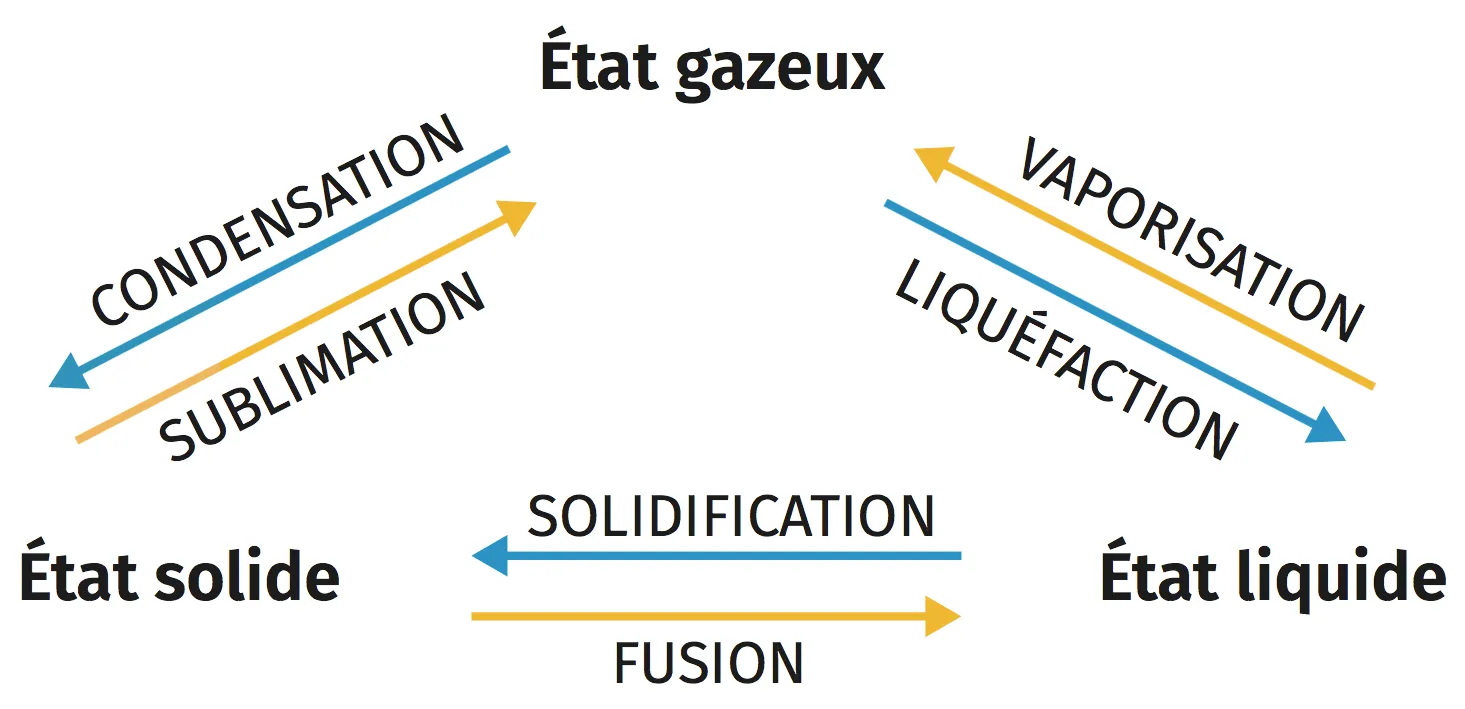 Schéma illustrant les changements d'état de la matière : solide, liquide, gazeux.  Fusion, solidification, vaporisation, liquéfaction, condensation, sublimation.