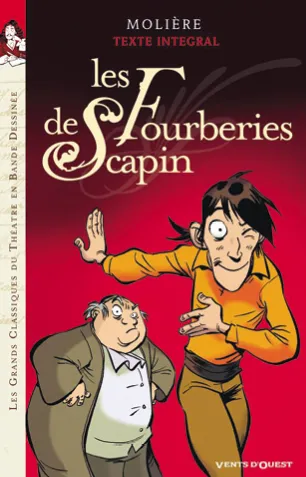 Couverture BD &quotLes Fourberies de Scapin" de Molière, édition Glénat. Scapin malicieux, personnage principal,  face à un homme plus âgé. Adaptation graphique dynamique.