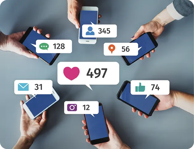 Photographie de plusieurs smartphones montrant les interactions sur les réseaux sociaux : likes, commentaires, messages.  Illustration des revenus d'un influenceur.