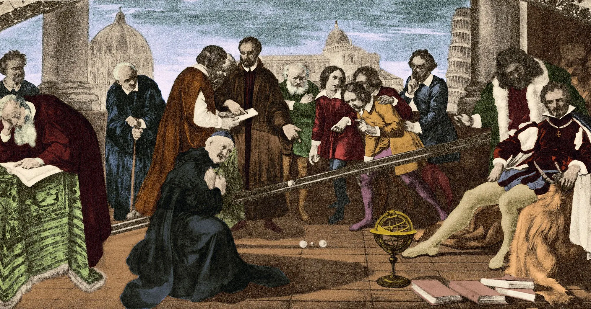 Représentation de l'expérience de Galilée sur la chute des poids de masses différentes