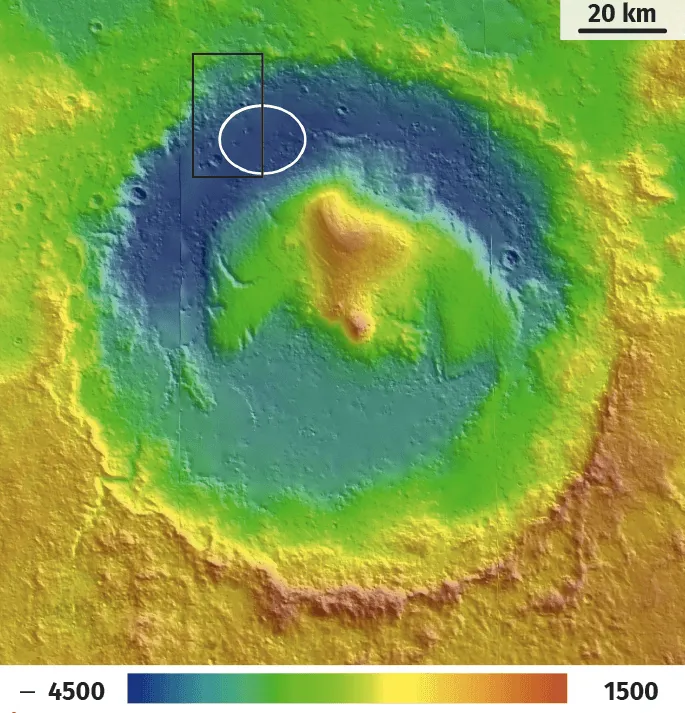Carte topographique colorisée du cratère Gale sur Mars.