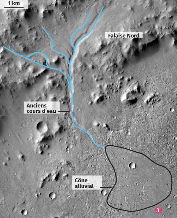 Vue satellitaire en noir et blanc de la bordure Nord du cratère Gale.