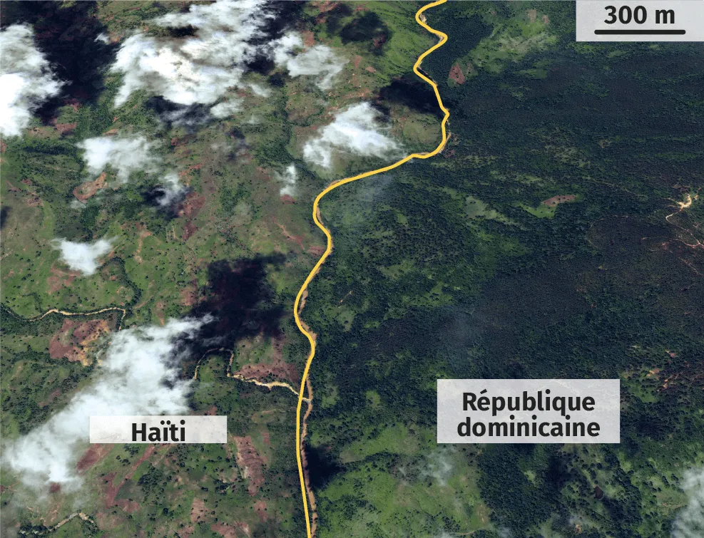 Vue satellite de la frontière (en jaune) entre Haïti et la République dominicaine après des intempéries.