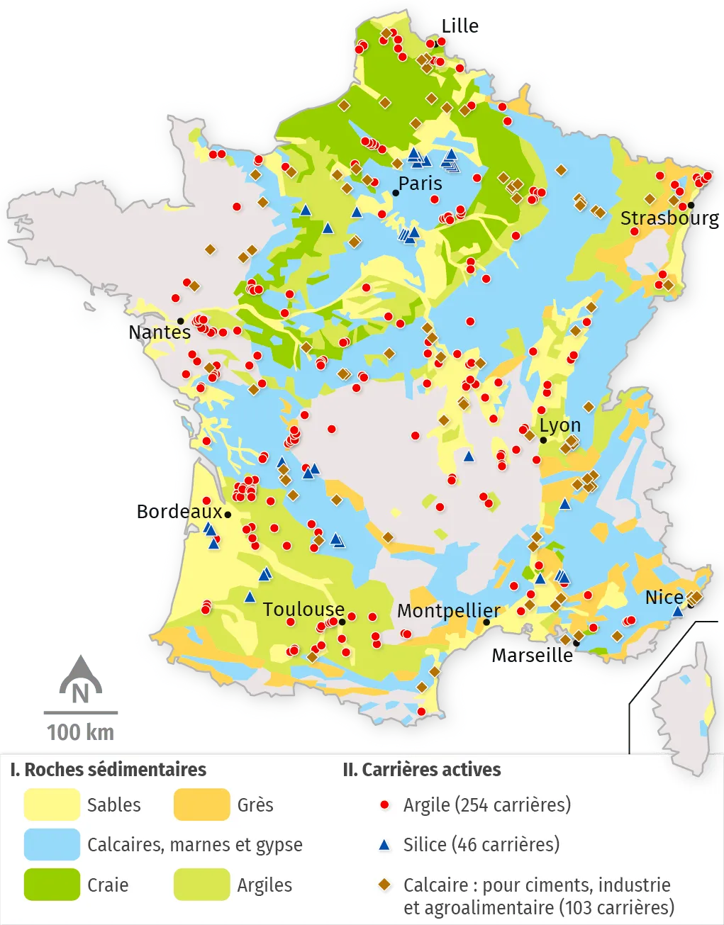 Carte des carrières en activité de calcaire, de sable et d'argile de France en 2015.