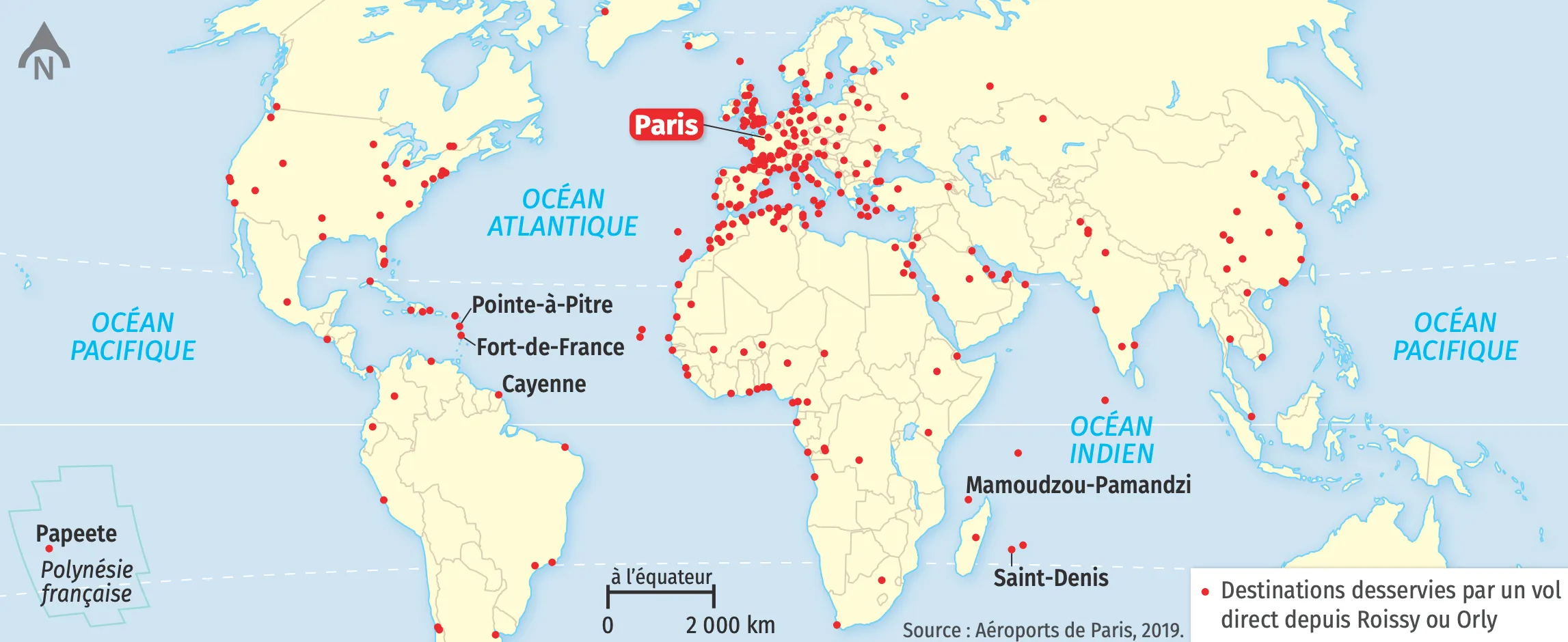 Carte Les destinations au départ des aéroports de Paris