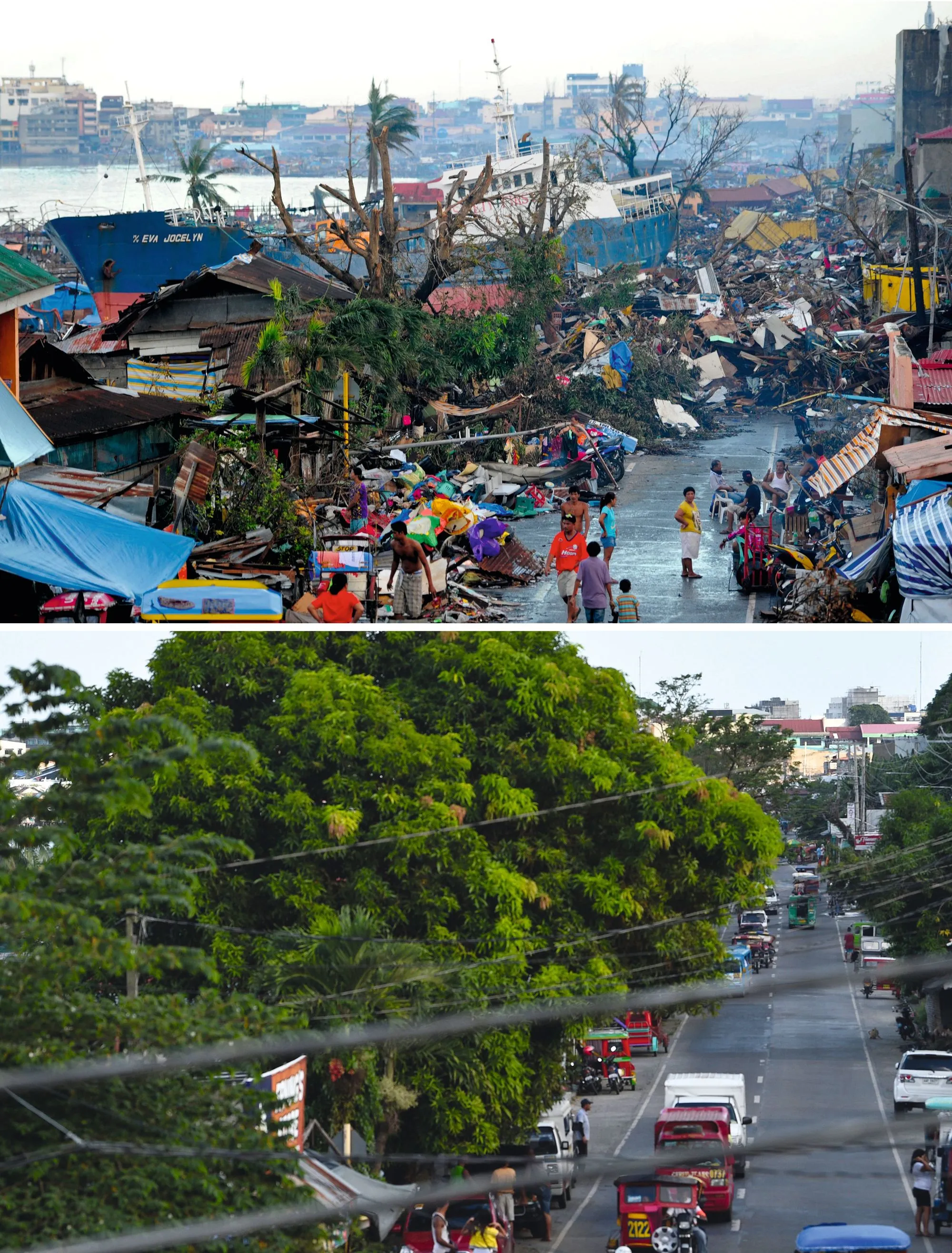 Une rue de Tacloban (Philippines) après et avant le passage du typhon Hainan (novembre 2013)