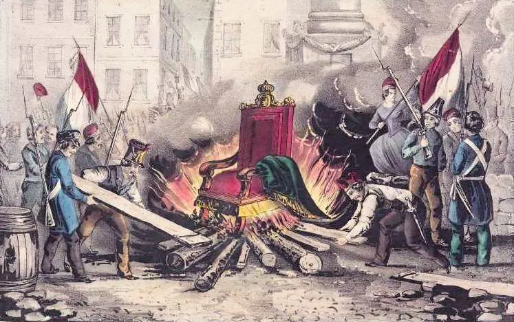 Anonyme, Le trône de Louis-Philippe est brûlé pendant la révolution, 1848, gravure.