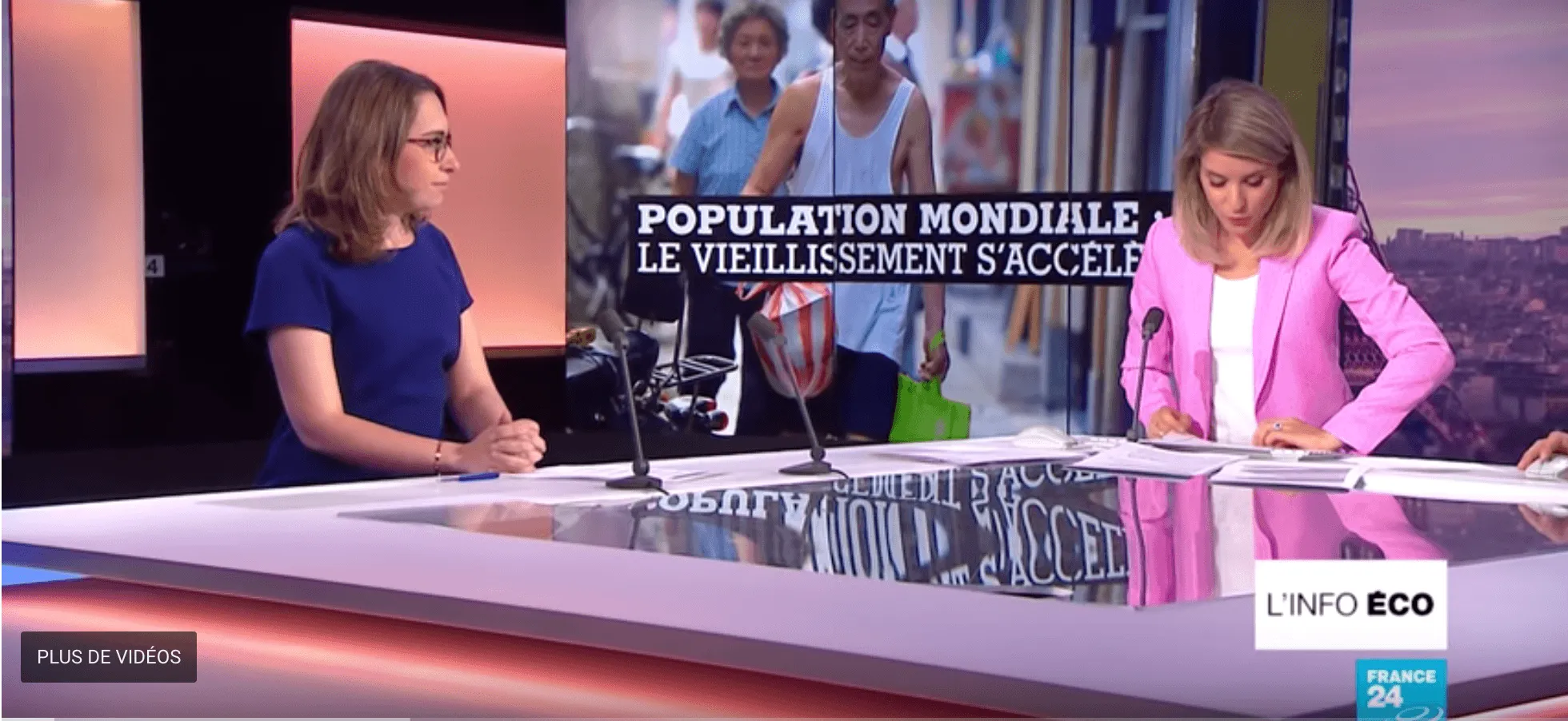 « Population mondiale : le vieillissement s'accélère », émission L'info éco sur France 24, présentée par Line Rifai, chroniqueuse économie, diffusée le 18 septembre 2018.