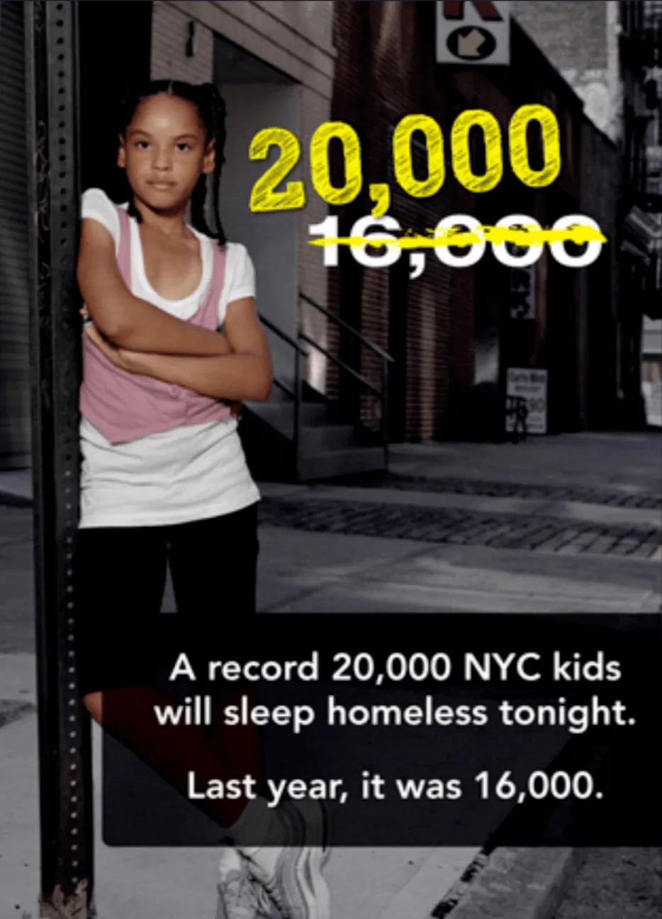 « Un chiffre record de 20 000 enfants à New York vont dormir sans abri cette nuit. L'année dernière ils étaient 16 000 ». Campagne dans le métro de New York, 2012.