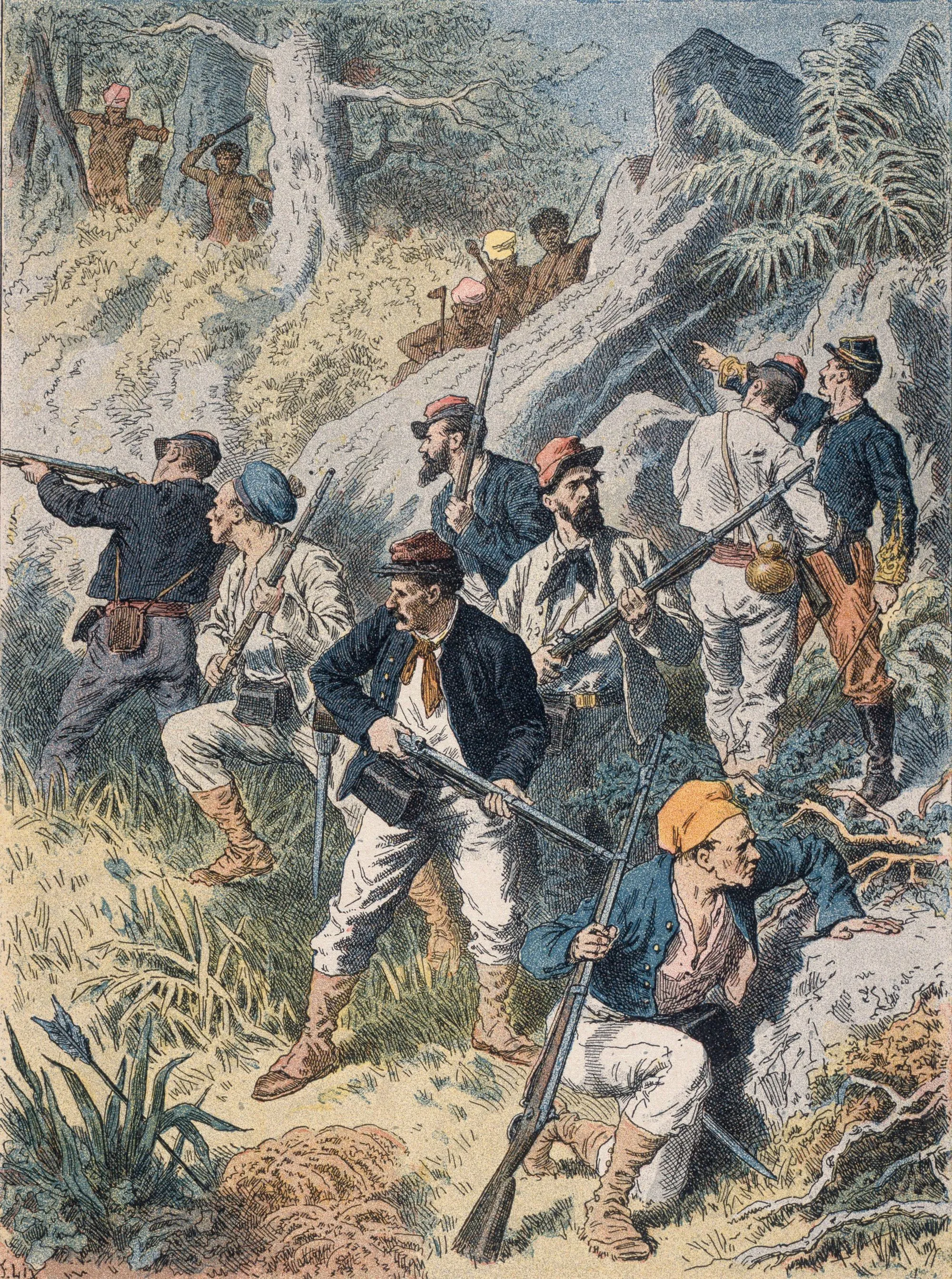 Les Kanaks en Nouvelle-Calédonie, couverture d'un cahier d'écolier, v. 1890