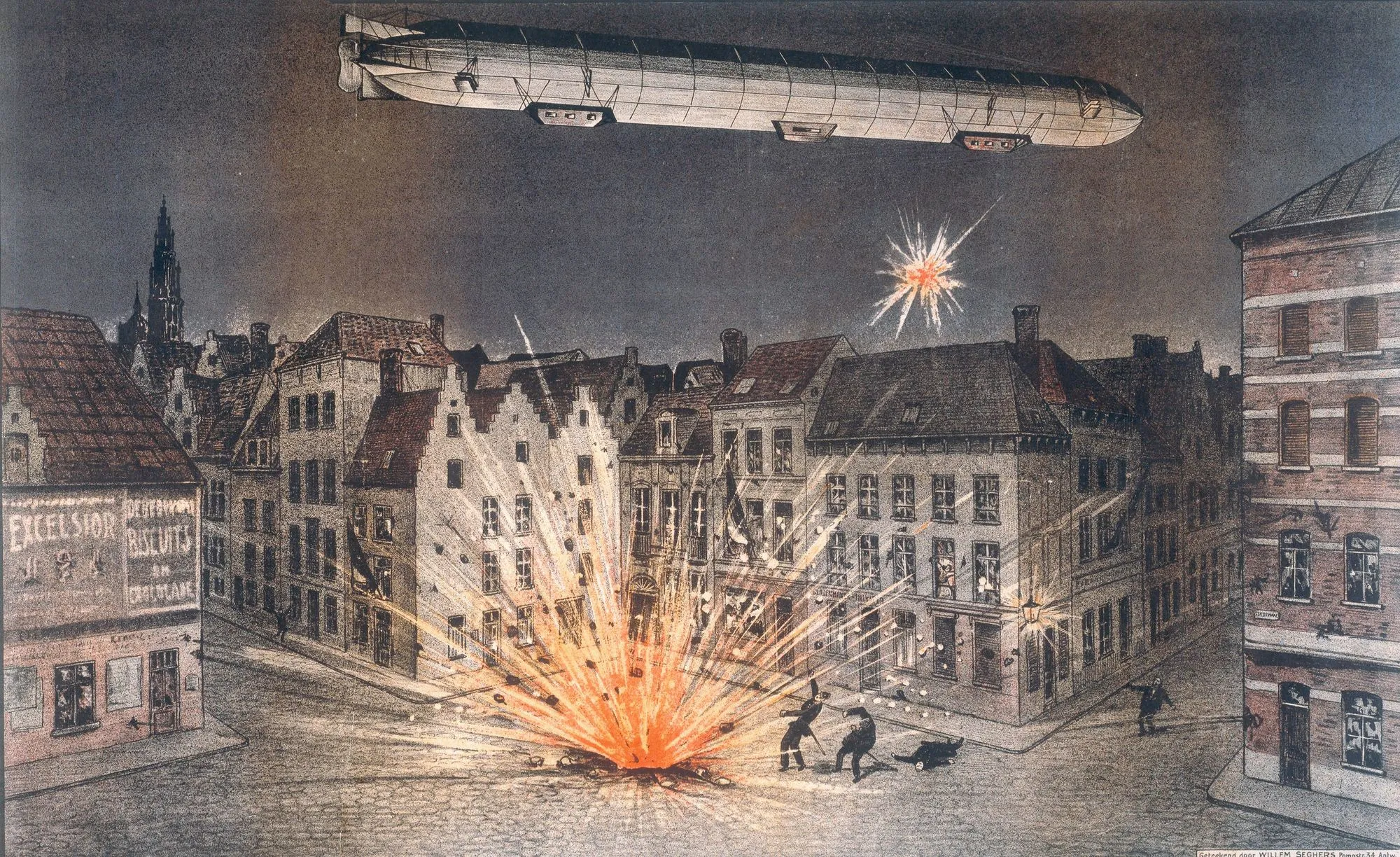 Willem Seghers,
Bombardement d'Anvers,
1914, lithographie,
42 x 62 cm, Imperial War
Museum, Londres.