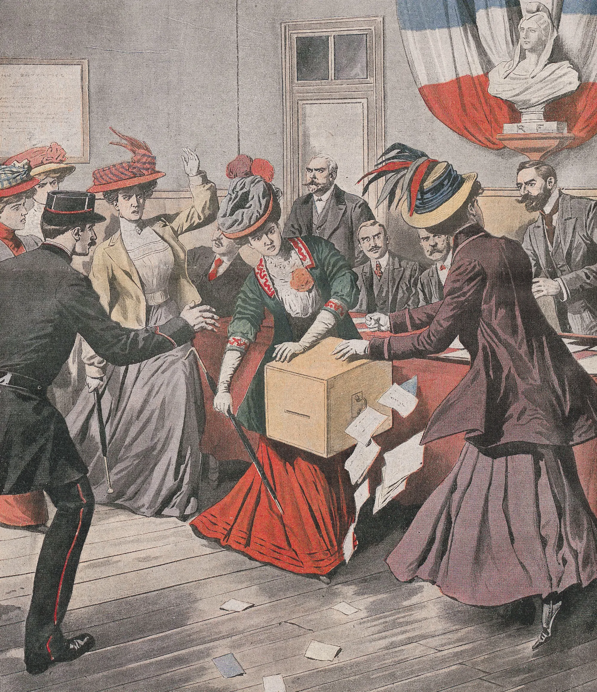 Les suffragettes envahissent une section de vote, Petit Journal,
